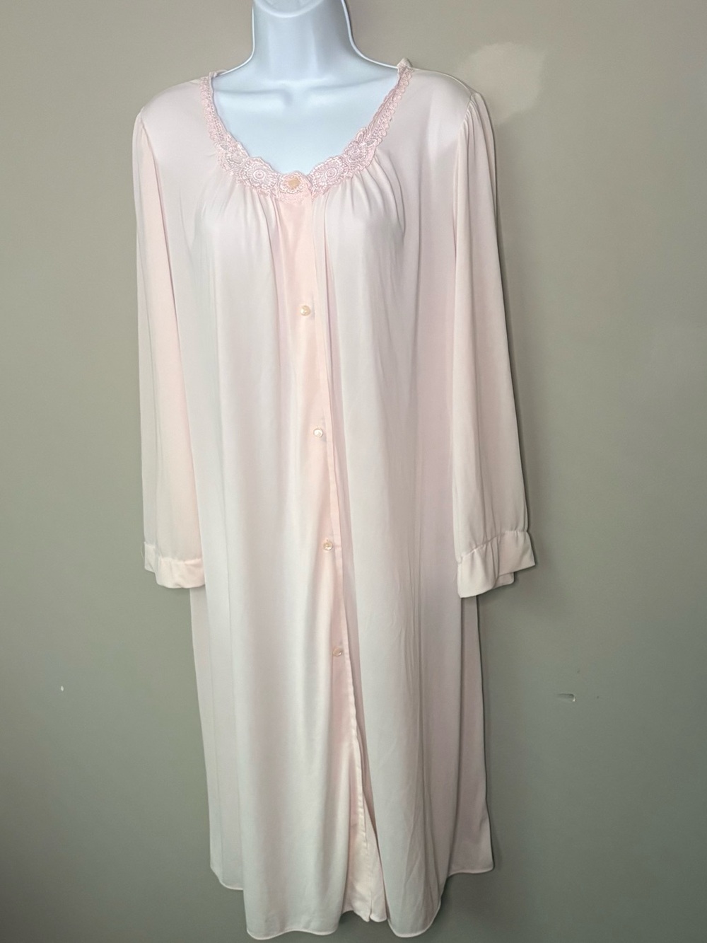 VTG Shadowline Pink Nylon Peignoir Robe Long Sleeve Duster Lace Pocket Size XL